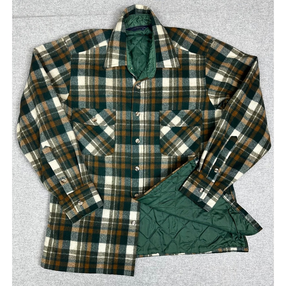VTG Arrow Shirt Jacket Shacket Mens M Green Plaid Quilted Lined Wool